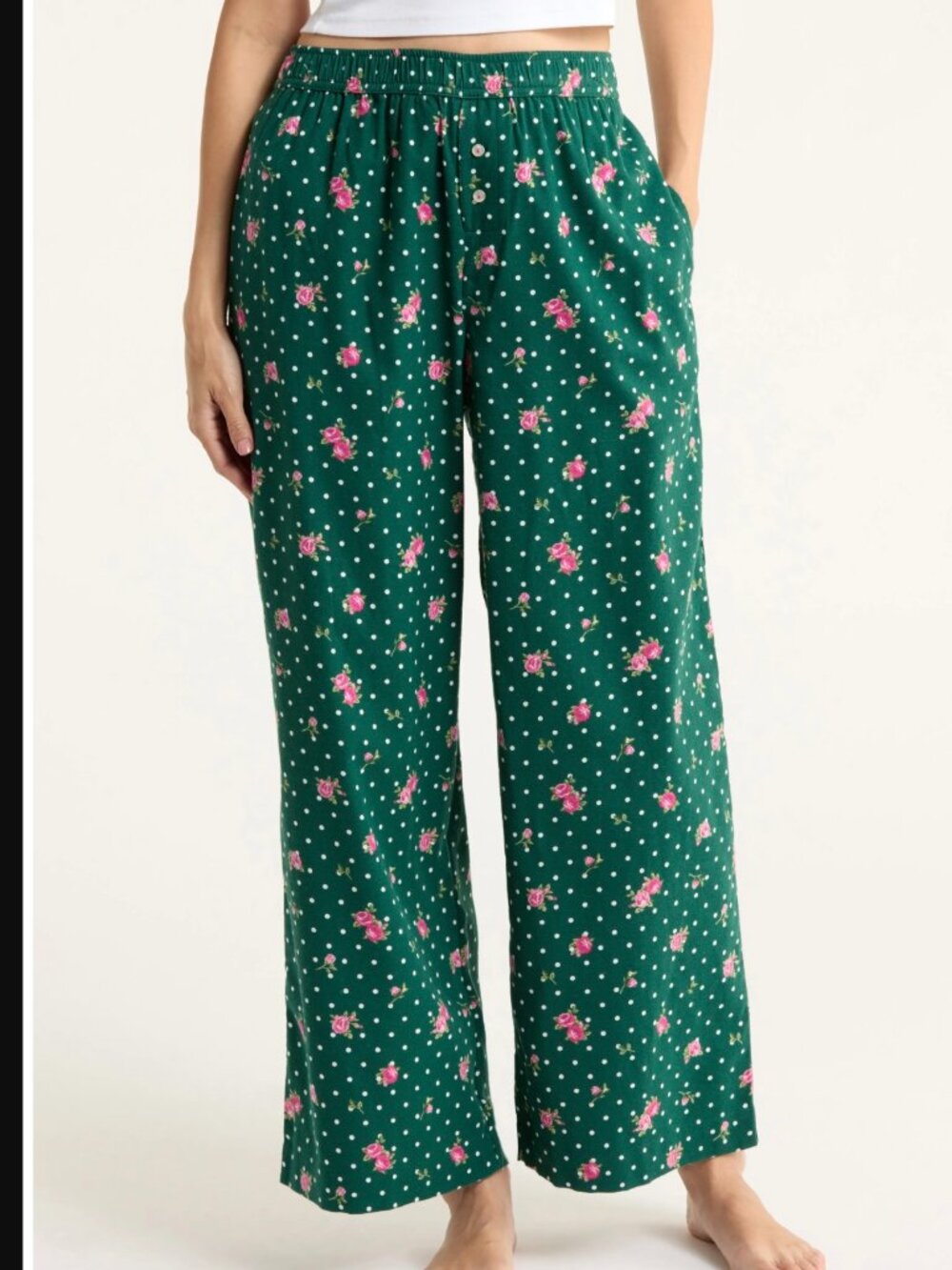 Green Polka Dot Rose Open Edit Print Flannel Pajama Pants